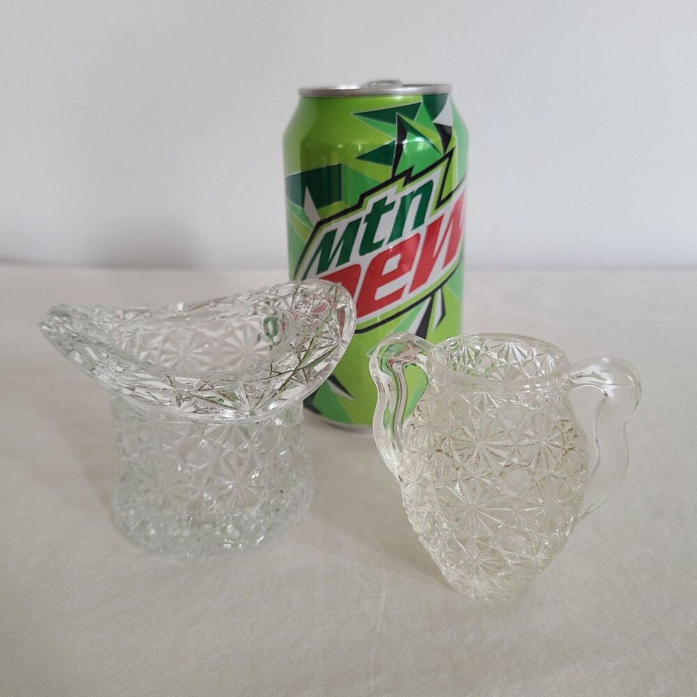 Vintage Daisy & Button Pattern Clear Pressed Glass Top Hat Topper Mini Urn Set